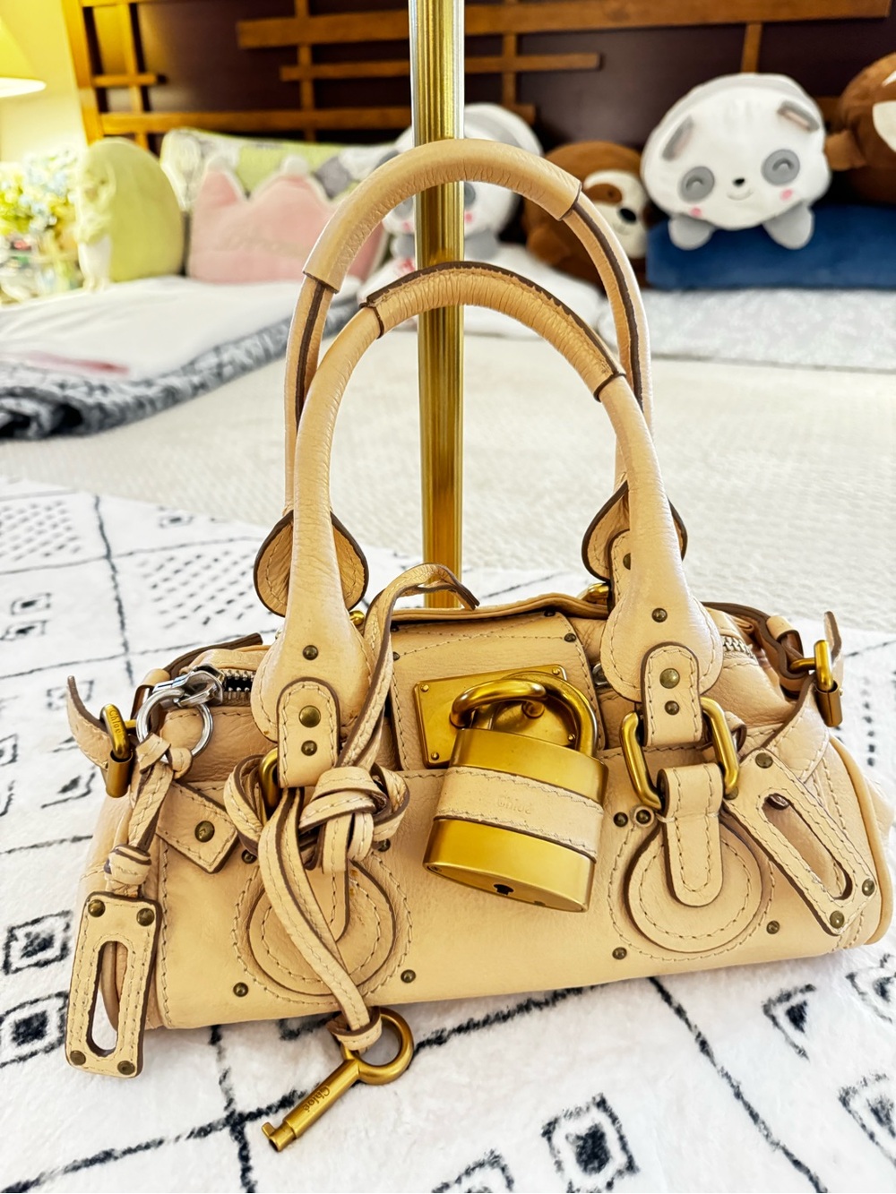 Beige Leather Satchel Handbag with Gold Hardware